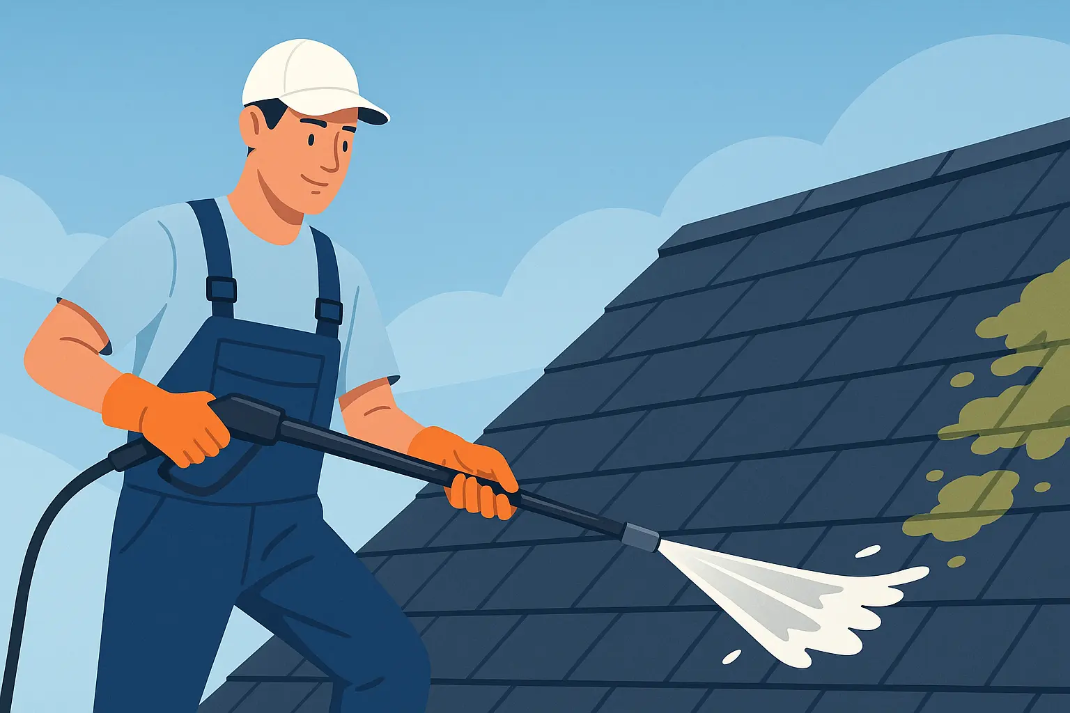 Specialist cleaning a roof surface with safety gear